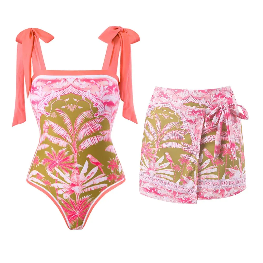 Shoulder Strappy Swimsuit Print Floral