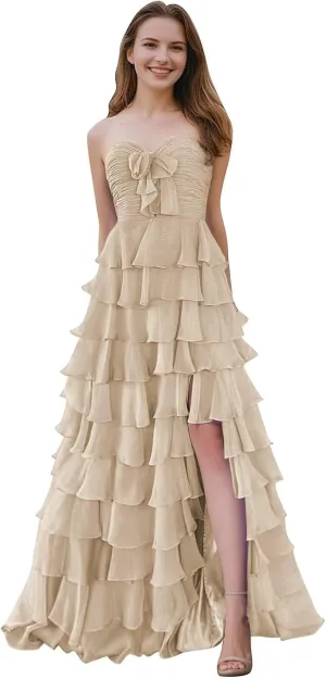 SHSUREVE Chiffon Ruffle Prom Dresses with Slit A Line Sweetheart Strapless Tiered Long Evening Party Formal Gown
