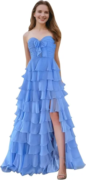SHSUREVE Chiffon Ruffle Prom Dresses with Slit A Line Sweetheart Strapless Tiered Long Evening Party Formal Gown