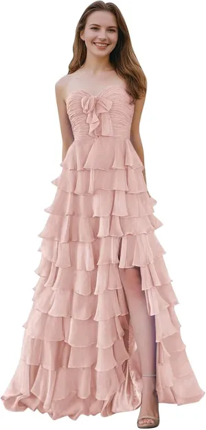 SHSUREVE Chiffon Ruffle Prom Dresses with Slit A Line Sweetheart Strapless Tiered Long Evening Party Formal Gown