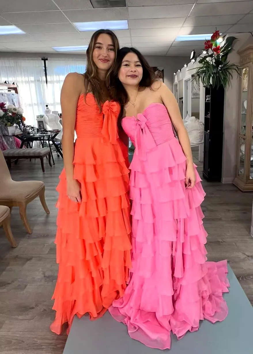 SHSUREVE Chiffon Ruffle Prom Dresses with Slit A Line Sweetheart Strapless Tiered Long Evening Party Formal Gown