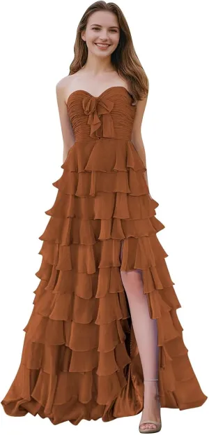 SHSUREVE Chiffon Ruffle Prom Dresses with Slit A Line Sweetheart Strapless Tiered Long Evening Party Formal Gown