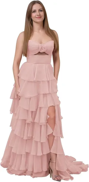 SHSUREVE Tiered Strapless Prom Dresses with Slit Long A Line Ruffle Chiffon Formal Evening Gowns for Women