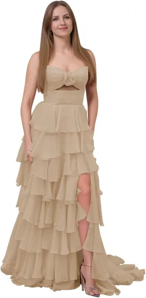 SHSUREVE Tiered Strapless Prom Dresses with Slit Long A Line Ruffle Chiffon Formal Evening Gowns for Women