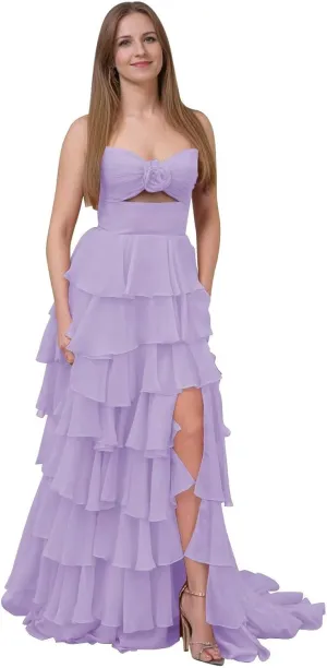 SHSUREVE Tiered Strapless Prom Dresses with Slit Long A Line Ruffle Chiffon Formal Evening Gowns for Women