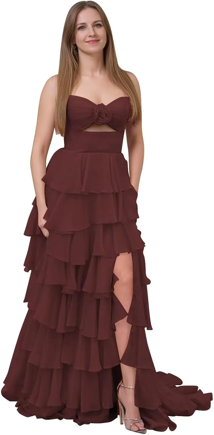 SHSUREVE Tiered Strapless Prom Dresses with Slit Long A Line Ruffle Chiffon Formal Evening Gowns for Women