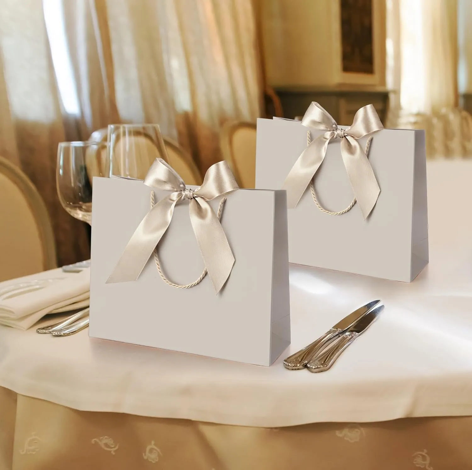 Silkfly 12 Pcs Thank You Gift Bags with Handle 11.8x10x4'' Welcome Bags Return Gifts with Bow Ribbon for Bridesmaid Baby Shower Mother's Day Graduation Wedding Housewarming Birthday(Champagne)