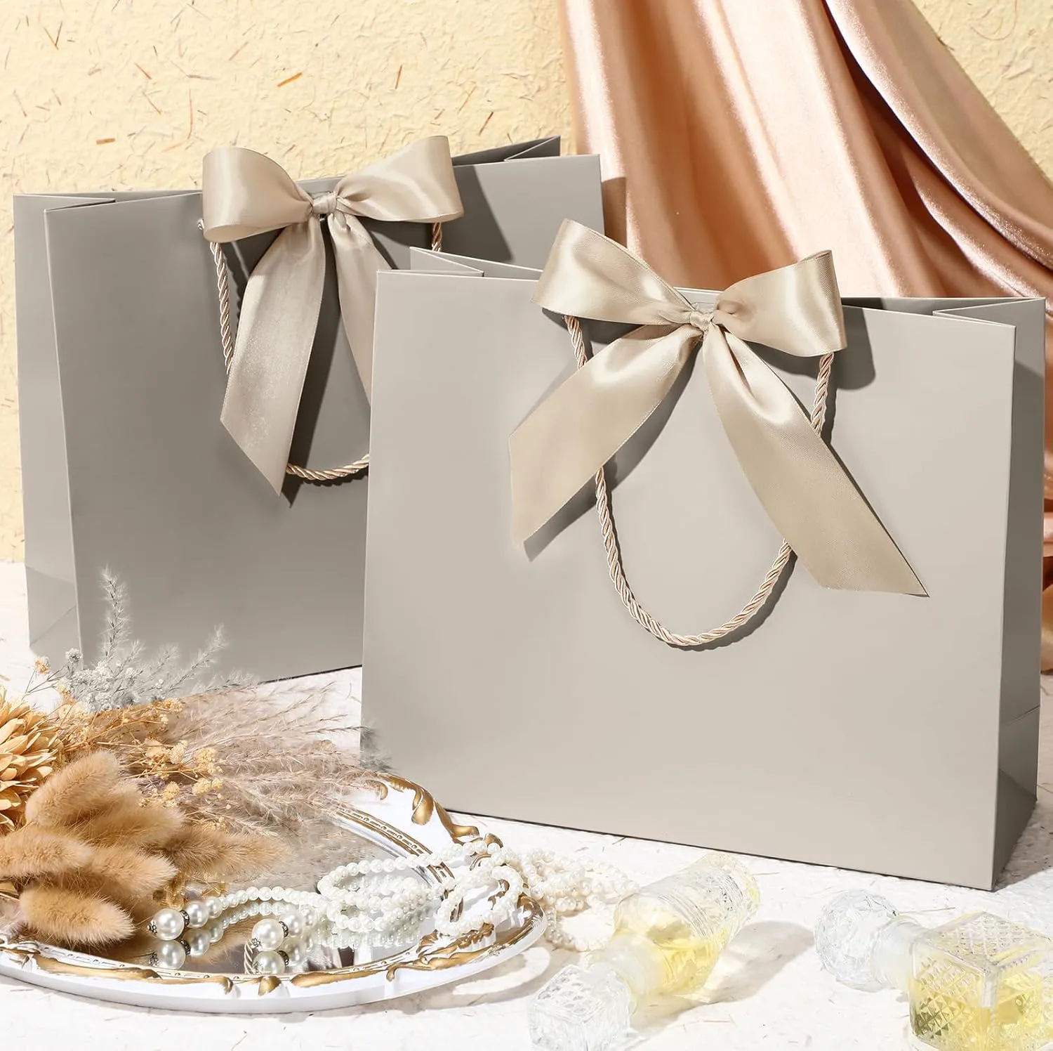 Silkfly 12 Pcs Thank You Gift Bags with Handle 11.8x10x4'' Welcome Bags Return Gifts with Bow Ribbon for Bridesmaid Baby Shower Mother's Day Graduation Wedding Housewarming Birthday(Champagne)