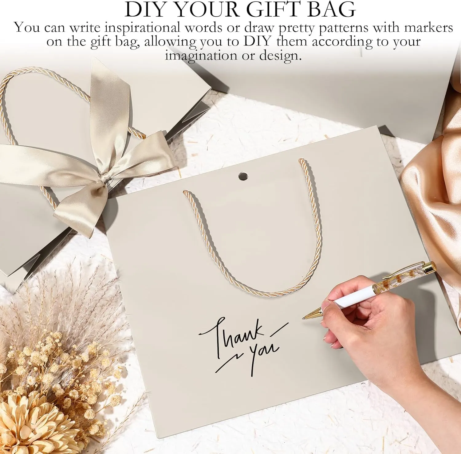 Silkfly 12 Pcs Thank You Gift Bags with Handle 11.8x10x4'' Welcome Bags Return Gifts with Bow Ribbon for Bridesmaid Baby Shower Mother's Day Graduation Wedding Housewarming Birthday(Champagne)