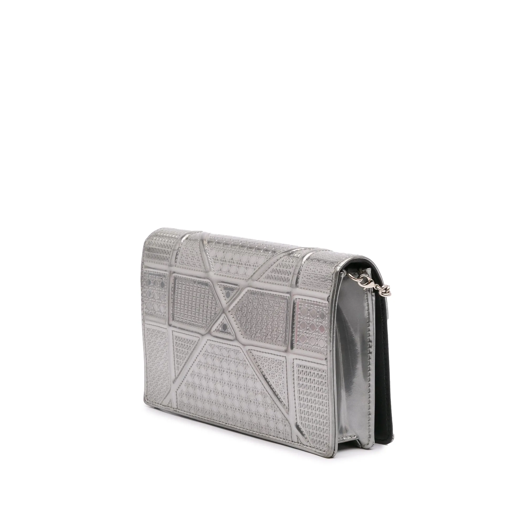 Silver Dior Metallic Patent Microcannage Diorama Wallet on Chain Crossbody Bag