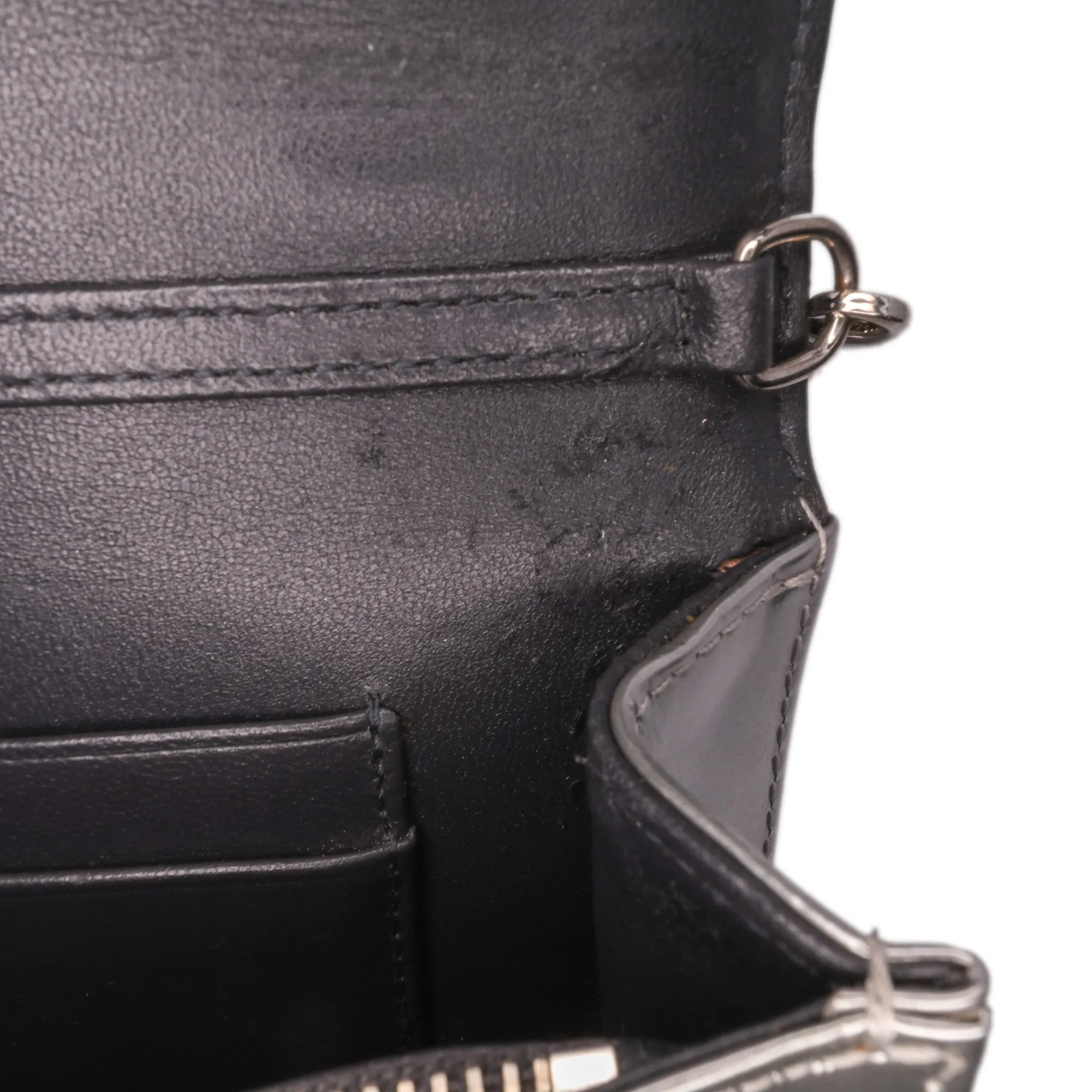 Silver Dior Metallic Patent Microcannage Diorama Wallet on Chain Crossbody Bag