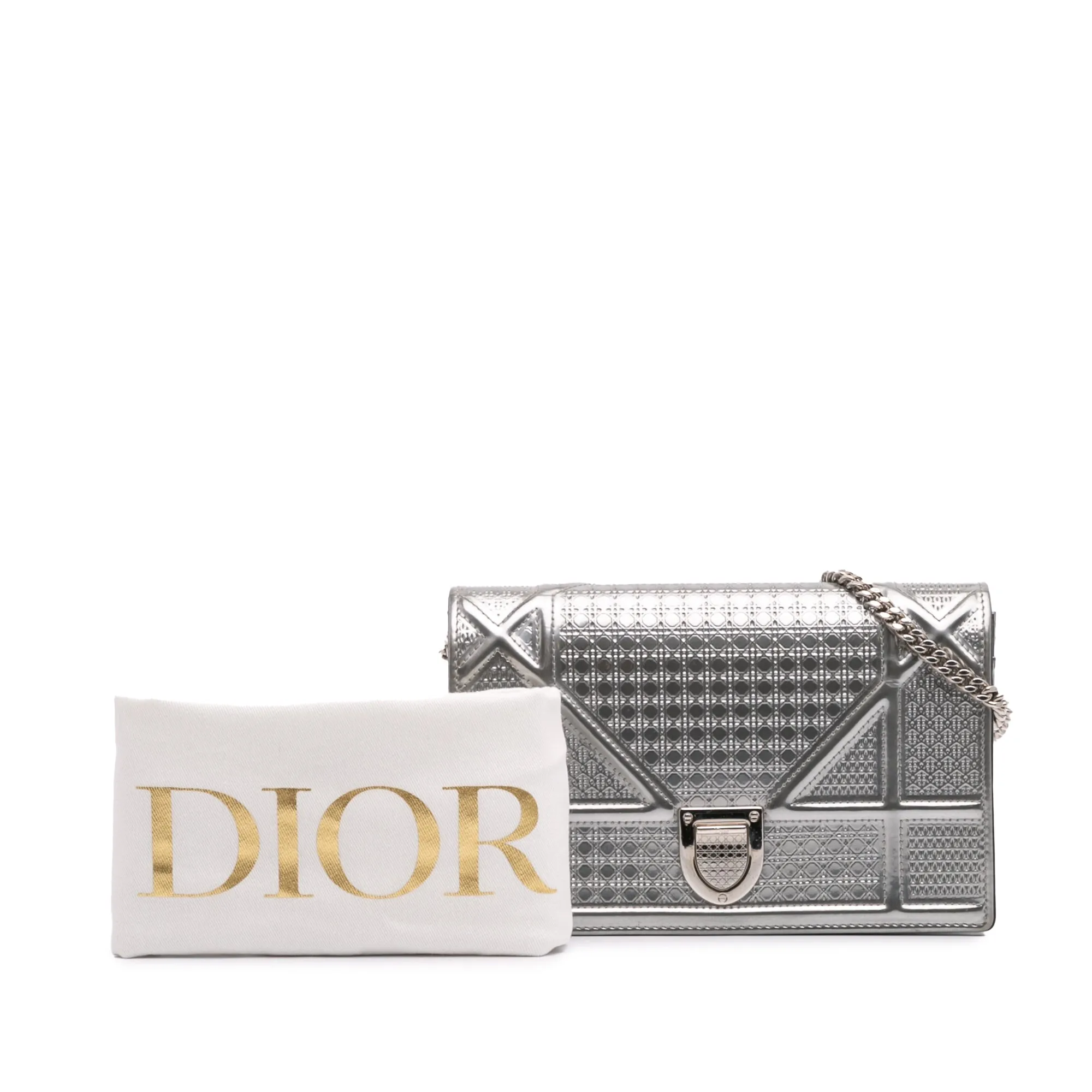 Silver Dior Metallic Patent Microcannage Diorama Wallet on Chain Crossbody Bag