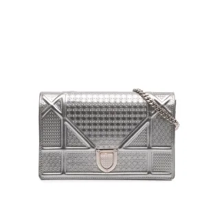 Silver Dior Metallic Patent Microcannage Diorama Wallet on Chain Crossbody Bag
