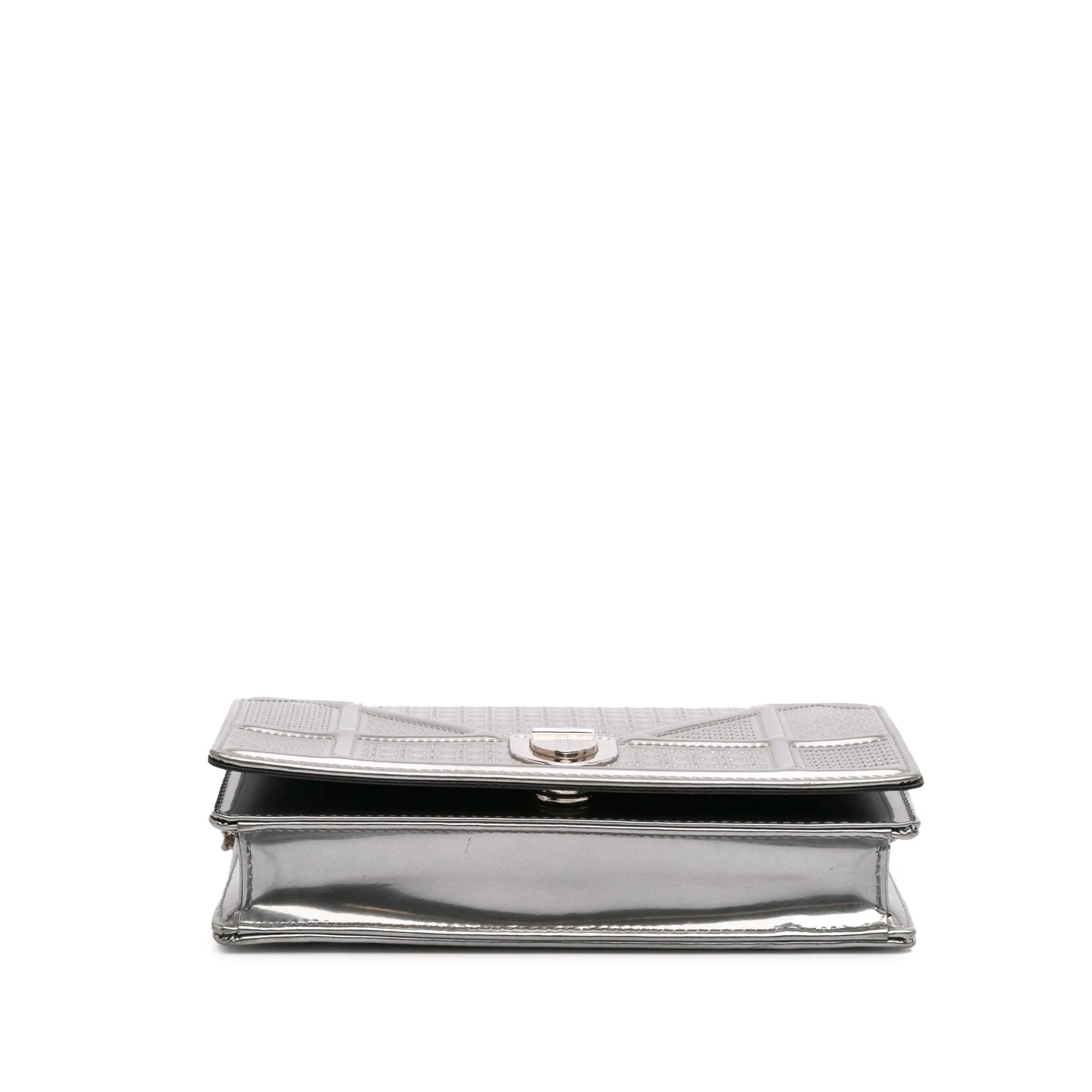 Silver Dior Metallic Patent Microcannage Diorama Wallet on Chain Crossbody Bag