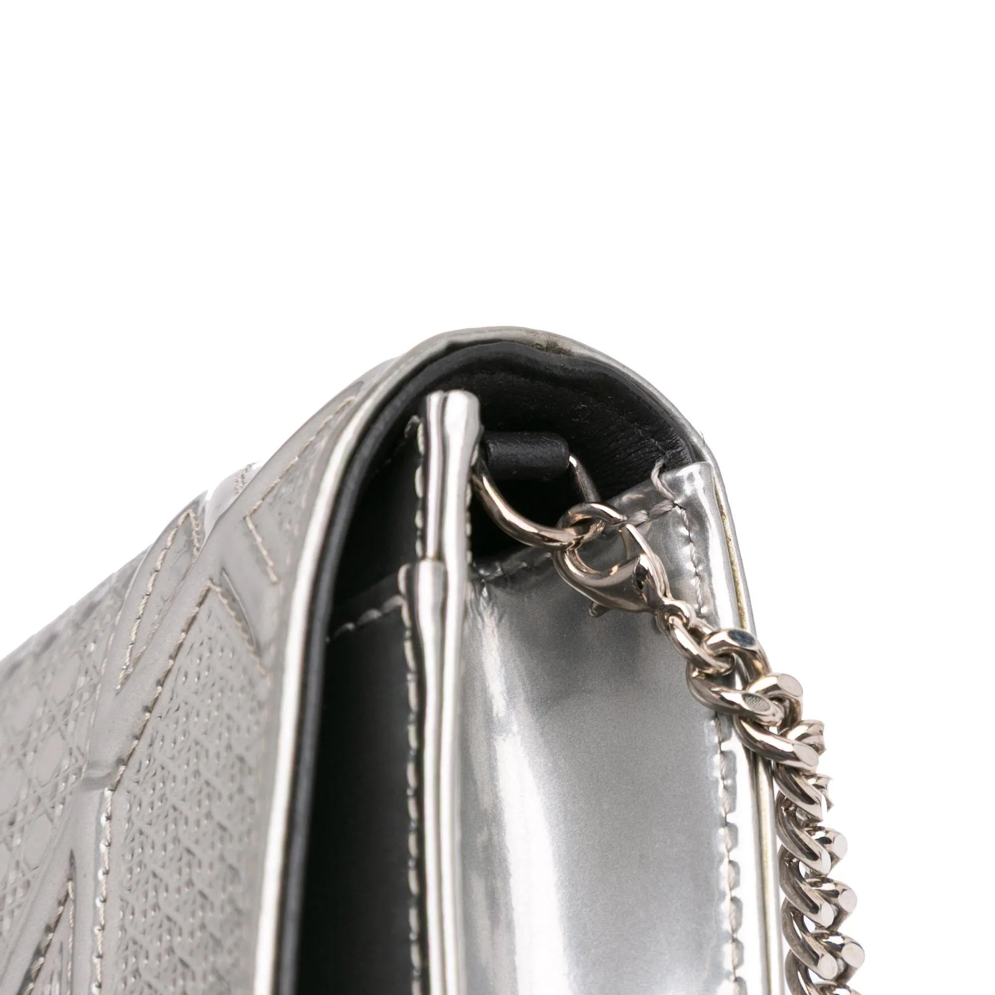 Silver Dior Metallic Patent Microcannage Diorama Wallet on Chain Crossbody Bag