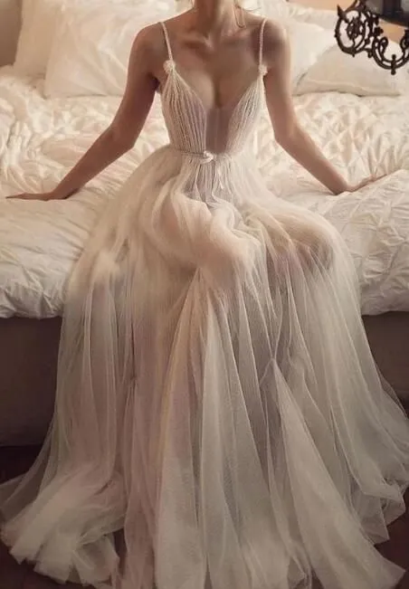 Simple champagne tulle long prom dress, champagne tulle evening dress,DS14000