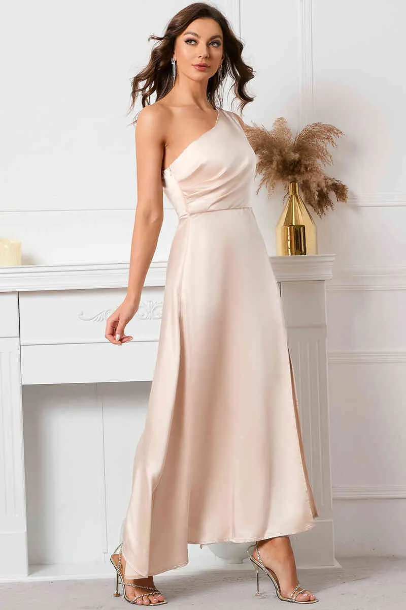 Simple One Shoulder Champagne Evening Dress with Slit