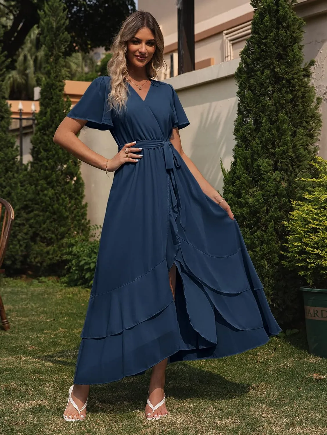 Simplee Womens Solid Chiffon Wrap Formal Maxi Ruffle Split Dress Flowy Bridesmaid Wedding Party Evening Dress with Belt
