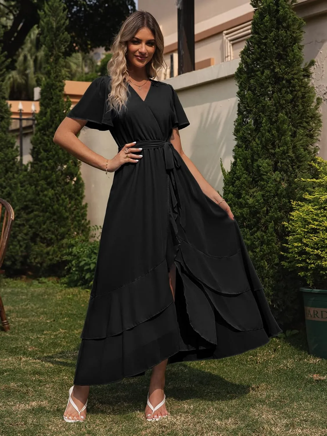 Simplee Womens Solid Chiffon Wrap Formal Maxi Ruffle Split Dress Flowy Bridesmaid Wedding Party Evening Dress with Belt