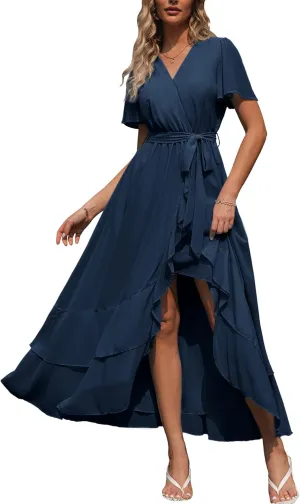 Simplee Womens Solid Chiffon Wrap Formal Maxi Ruffle Split Dress Flowy Bridesmaid Wedding Party Evening Dress with Belt
