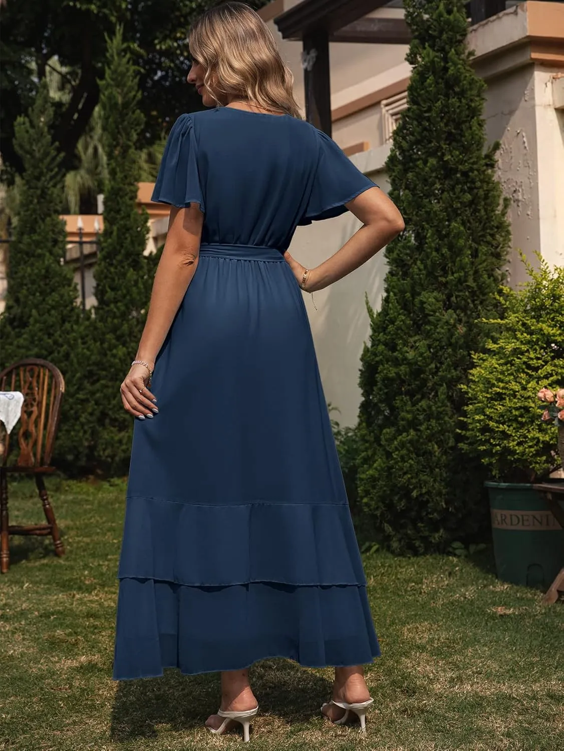 Simplee Womens Solid Chiffon Wrap Formal Maxi Ruffle Split Dress Flowy Bridesmaid Wedding Party Evening Dress with Belt