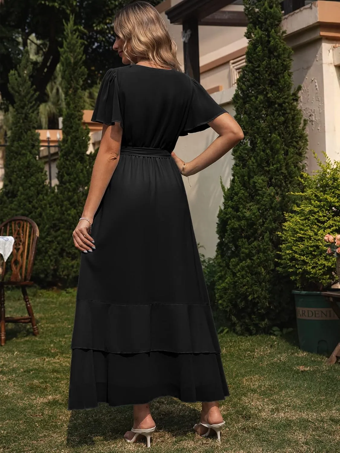 Simplee Womens Solid Chiffon Wrap Formal Maxi Ruffle Split Dress Flowy Bridesmaid Wedding Party Evening Dress with Belt