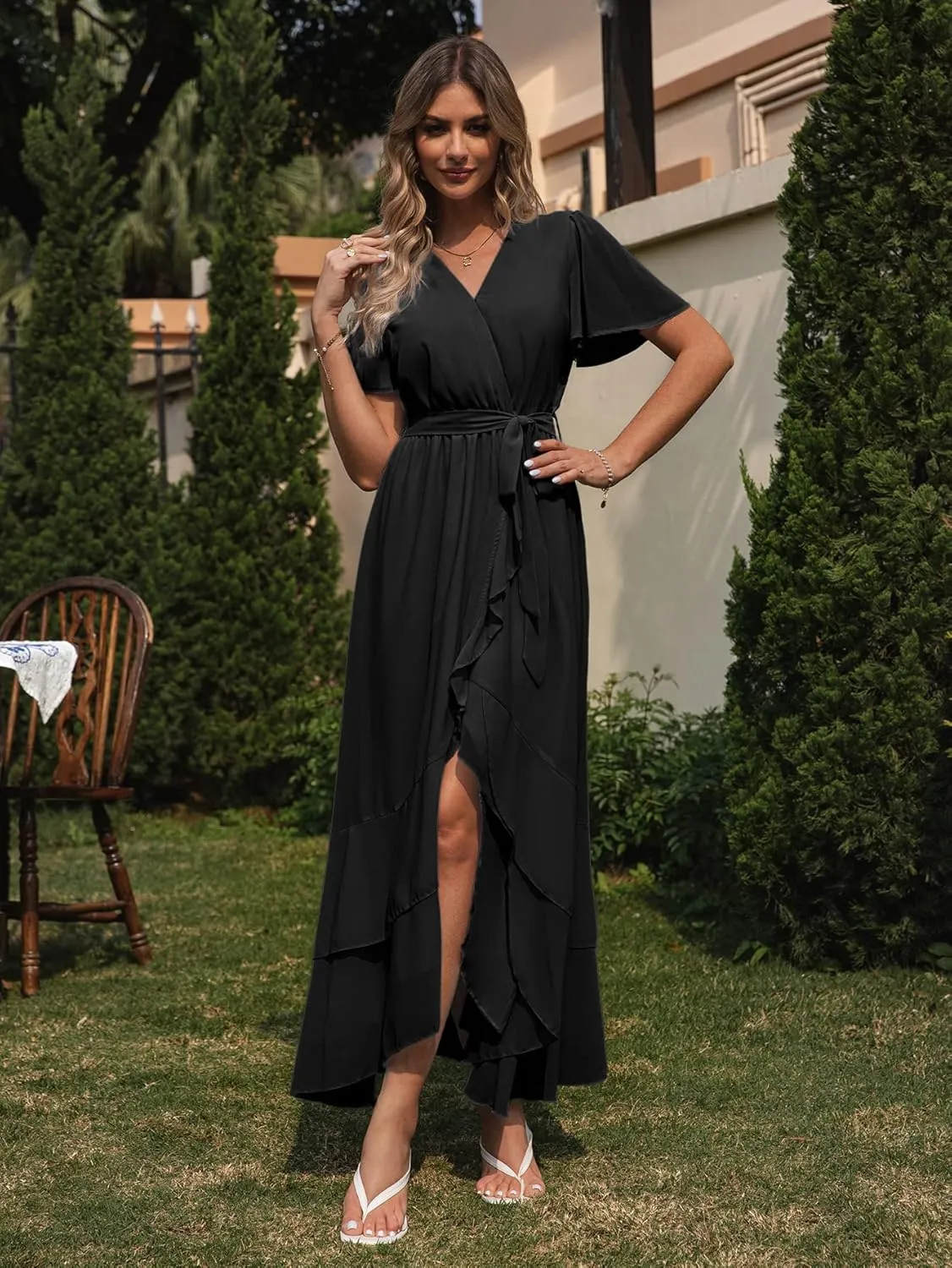 Simplee Womens Solid Chiffon Wrap Formal Maxi Ruffle Split Dress Flowy Bridesmaid Wedding Party Evening Dress with Belt