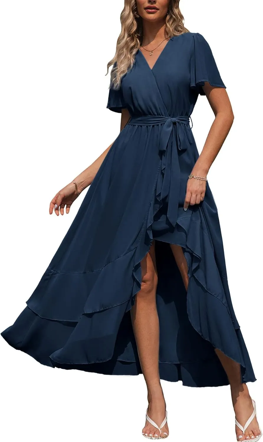 Simplee Womens Solid Chiffon Wrap Formal Maxi Ruffle Split Dress Flowy Bridesmaid Wedding Party Evening Dress with Belt