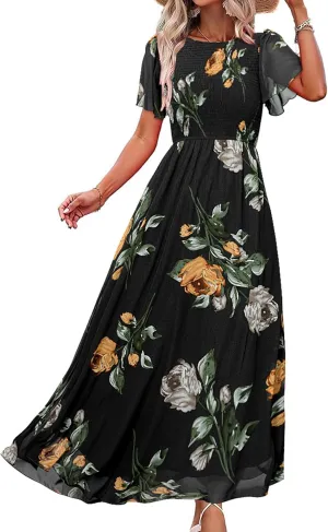 Simplee Womens Summer Floral Casual Maxi Dresses Flutter Short Sleeve Crew Neck Smocked Chiffon Boho Flowy Dress
