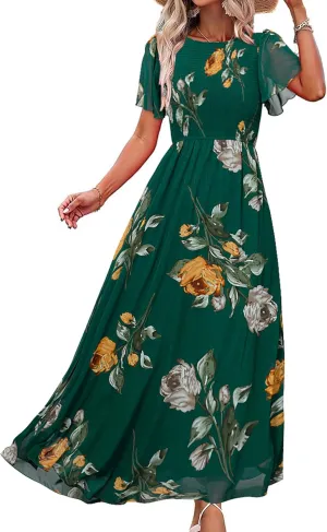 Simplee Womens Summer Floral Casual Maxi Dresses Flutter Short Sleeve Crew Neck Smocked Chiffon Boho Flowy Dress