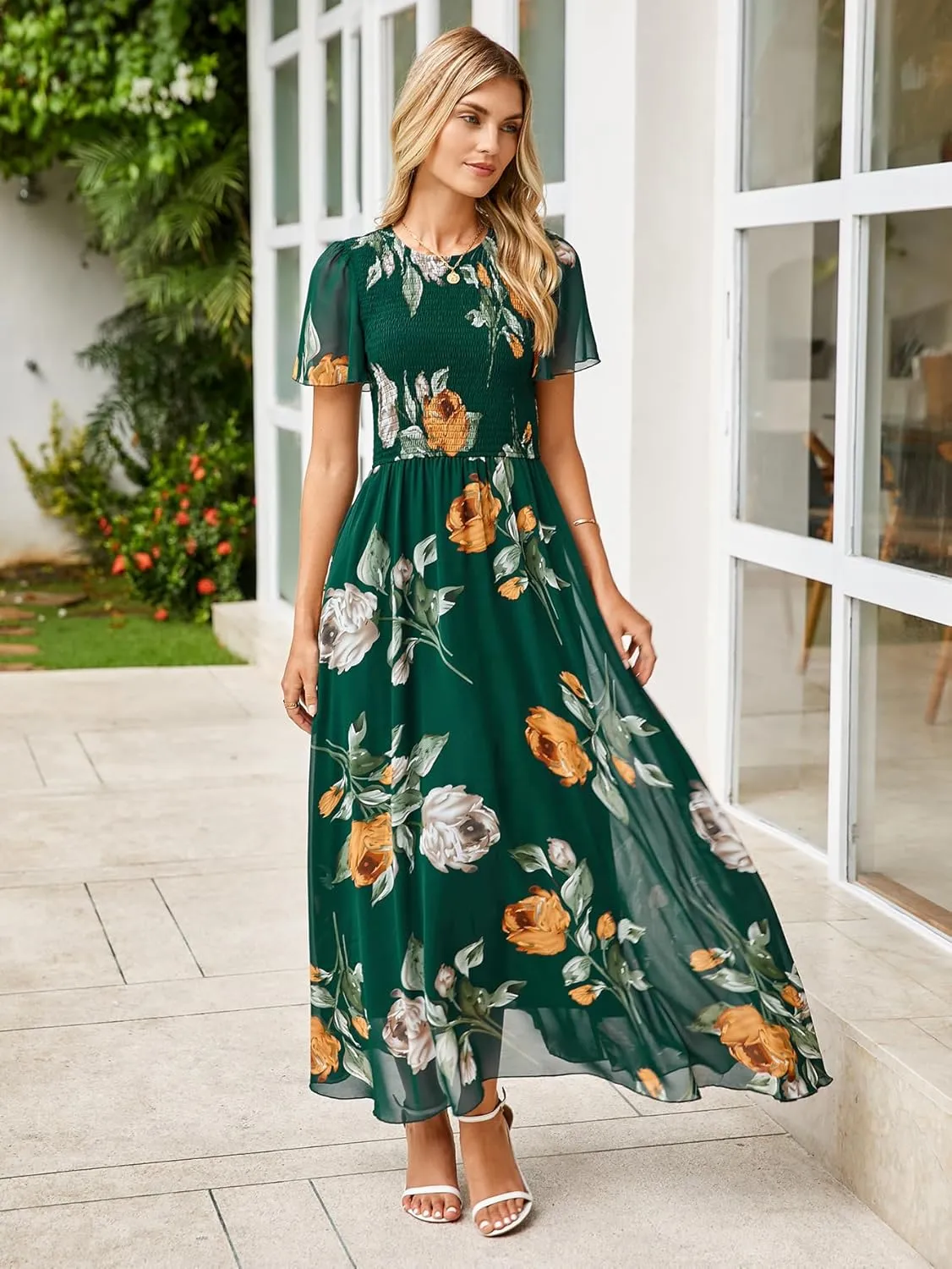 Simplee Womens Summer Floral Casual Maxi Dresses Flutter Short Sleeve Crew Neck Smocked Chiffon Boho Flowy Dress