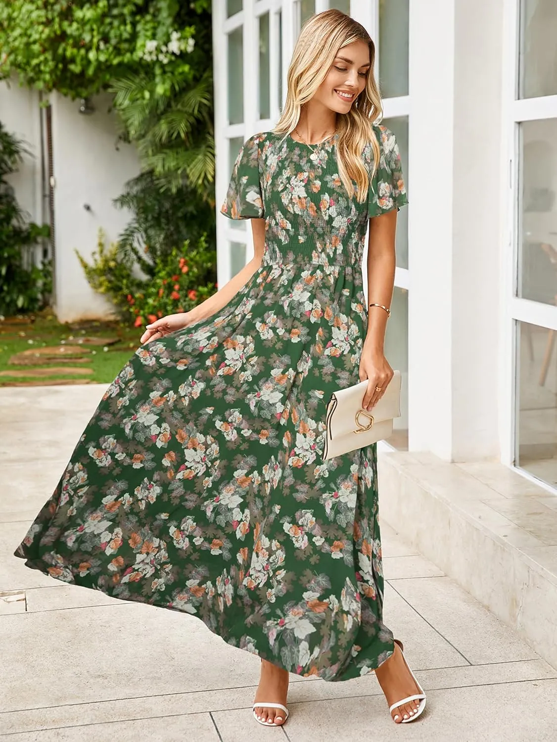 Simplee Womens Summer Floral Casual Maxi Dresses Flutter Short Sleeve Crew Neck Smocked Chiffon Boho Flowy Dress