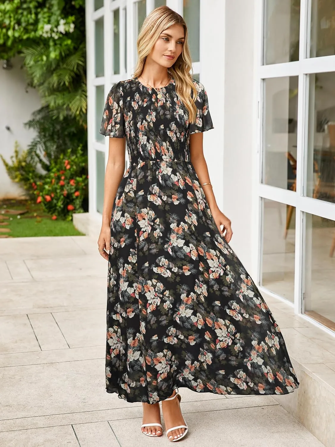 Simplee Womens Summer Floral Casual Maxi Dresses Flutter Short Sleeve Crew Neck Smocked Chiffon Boho Flowy Dress