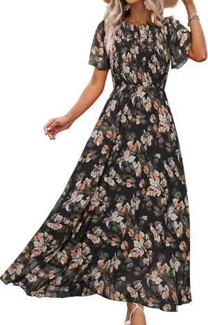 Simplee Womens Summer Floral Casual Maxi Dresses Flutter Short Sleeve Crew Neck Smocked Chiffon Boho Flowy Dress