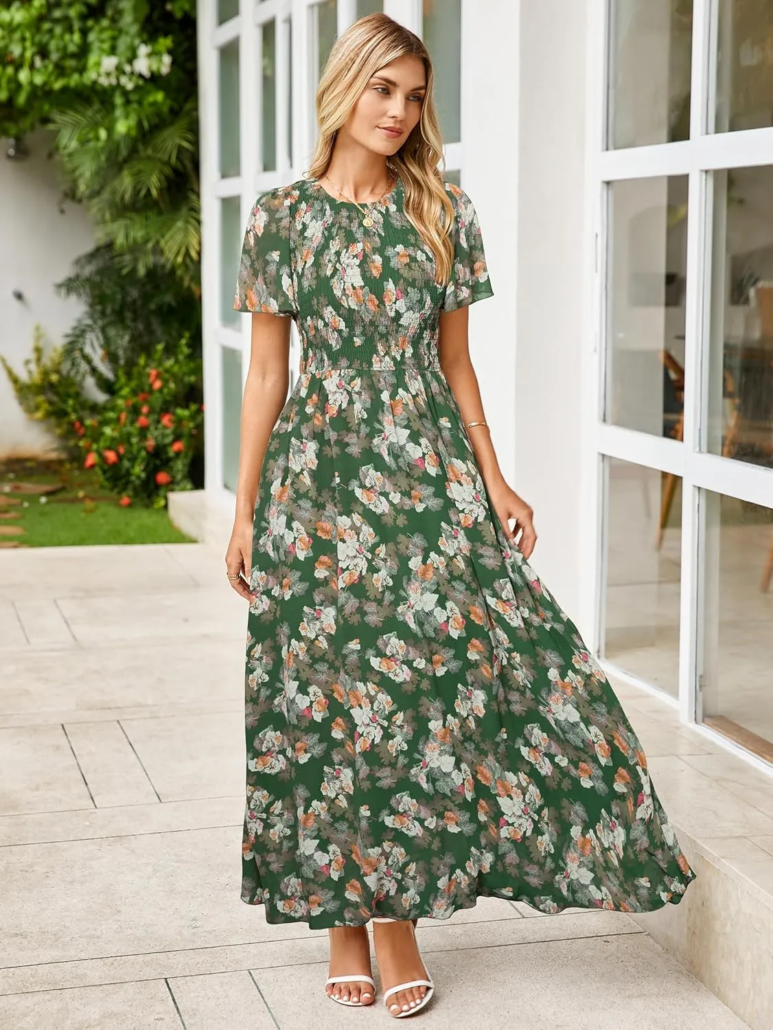 Simplee Womens Summer Floral Casual Maxi Dresses Flutter Short Sleeve Crew Neck Smocked Chiffon Boho Flowy Dress
