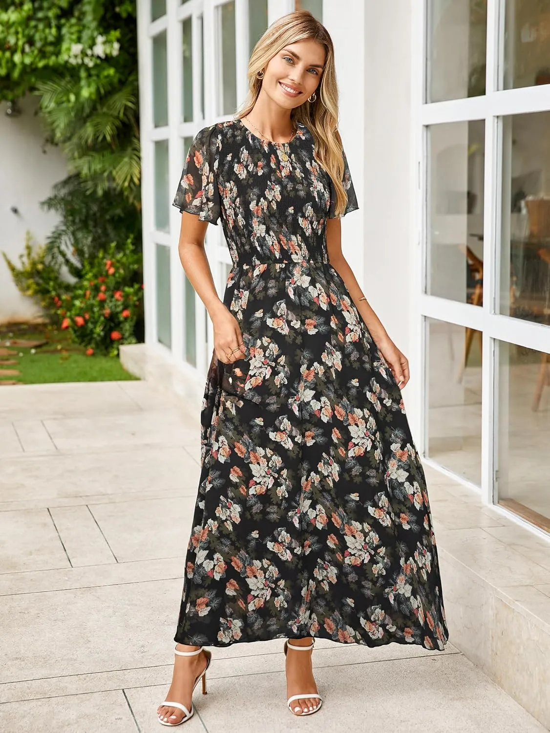 Simplee Womens Summer Floral Casual Maxi Dresses Flutter Short Sleeve Crew Neck Smocked Chiffon Boho Flowy Dress