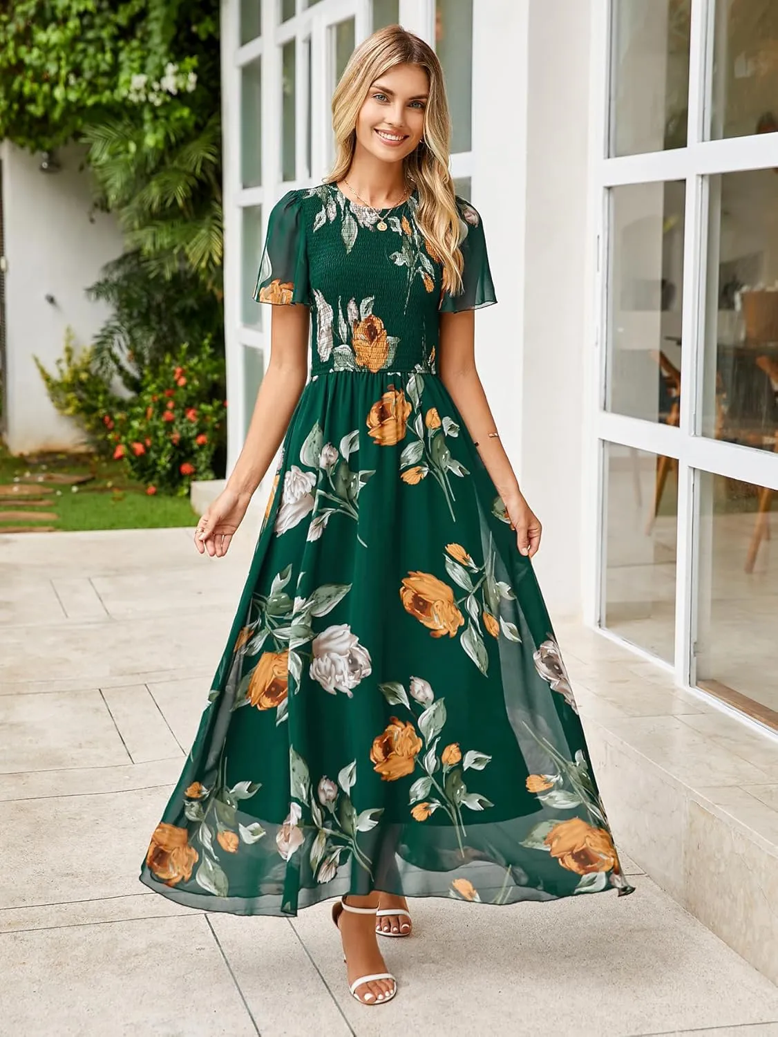 Simplee Womens Summer Floral Casual Maxi Dresses Flutter Short Sleeve Crew Neck Smocked Chiffon Boho Flowy Dress