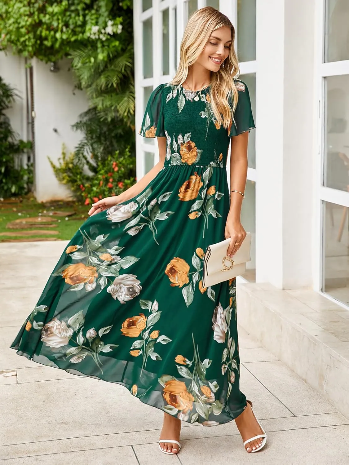 Simplee Womens Summer Floral Casual Maxi Dresses Flutter Short Sleeve Crew Neck Smocked Chiffon Boho Flowy Dress