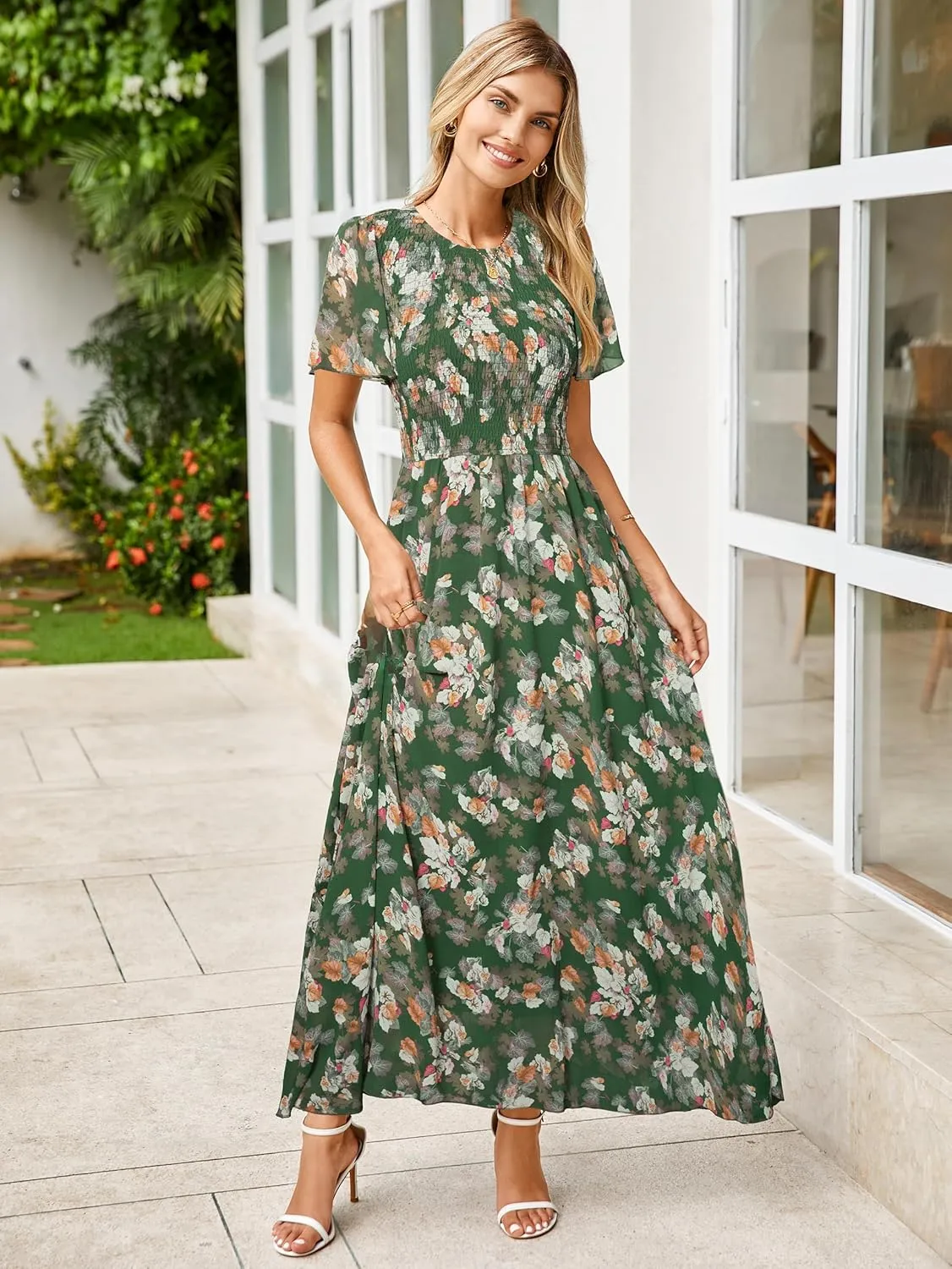 Simplee Womens Summer Floral Casual Maxi Dresses Flutter Short Sleeve Crew Neck Smocked Chiffon Boho Flowy Dress