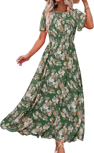 Simplee Womens Summer Floral Casual Maxi Dresses Flutter Short Sleeve Crew Neck Smocked Chiffon Boho Flowy Dress