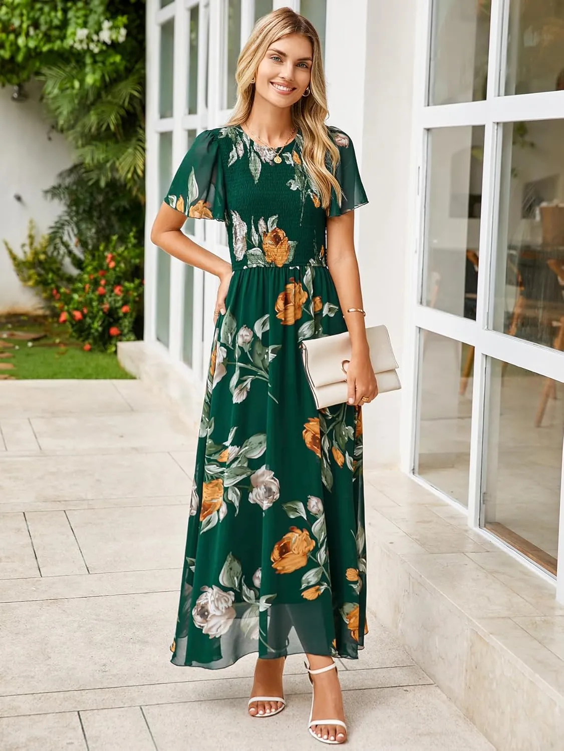 Simplee Womens Summer Floral Casual Maxi Dresses Flutter Short Sleeve Crew Neck Smocked Chiffon Boho Flowy Dress