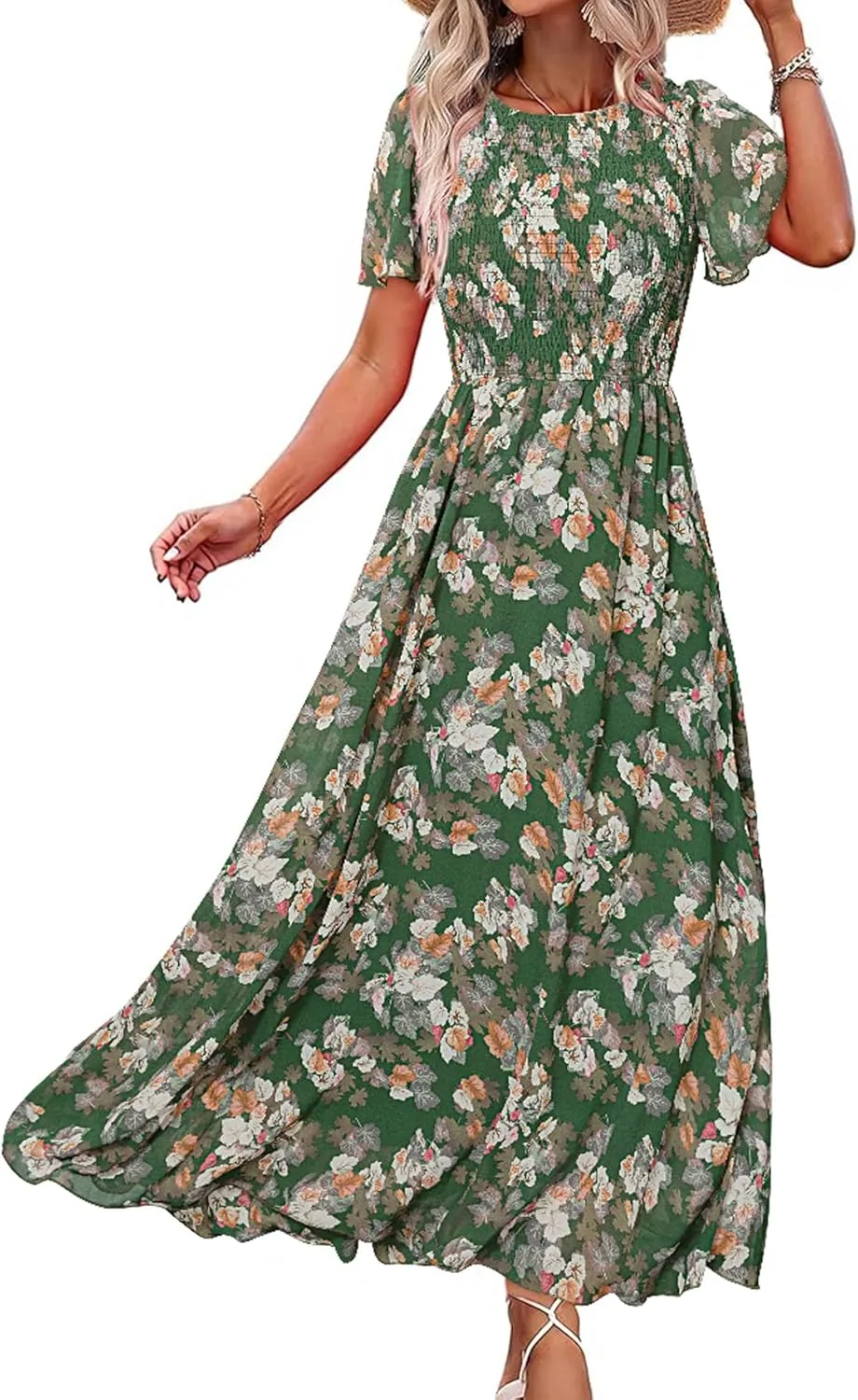 Simplee Womens Summer Floral Casual Maxi Dresses Flutter Short Sleeve Crew Neck Smocked Chiffon Boho Flowy Dress
