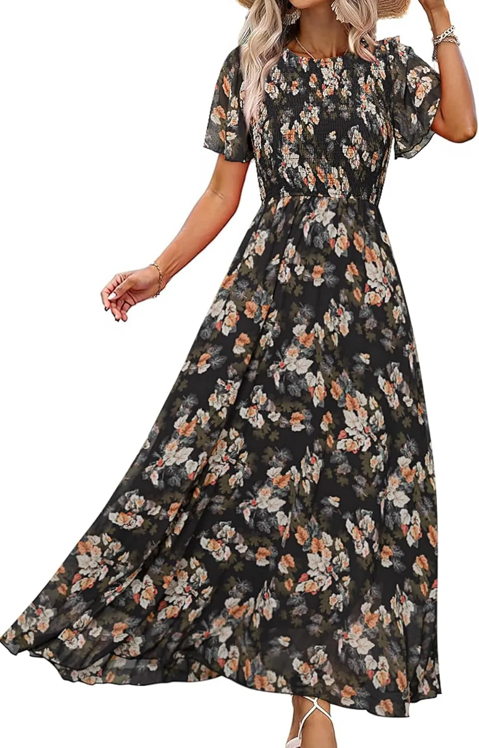 Simplee Womens Summer Floral Casual Maxi Dresses Flutter Short Sleeve Crew Neck Smocked Chiffon Boho Flowy Dress