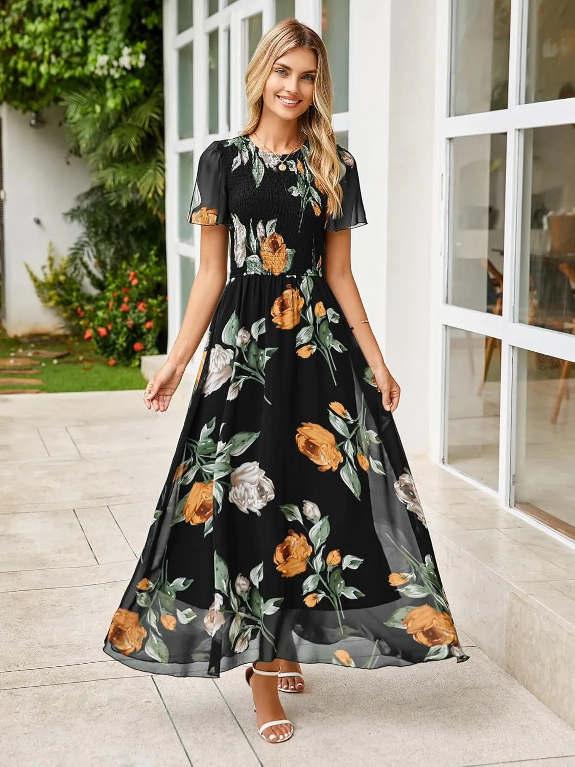 Simplee Womens Summer Floral Casual Maxi Dresses Flutter Short Sleeve Crew Neck Smocked Chiffon Boho Flowy Dress