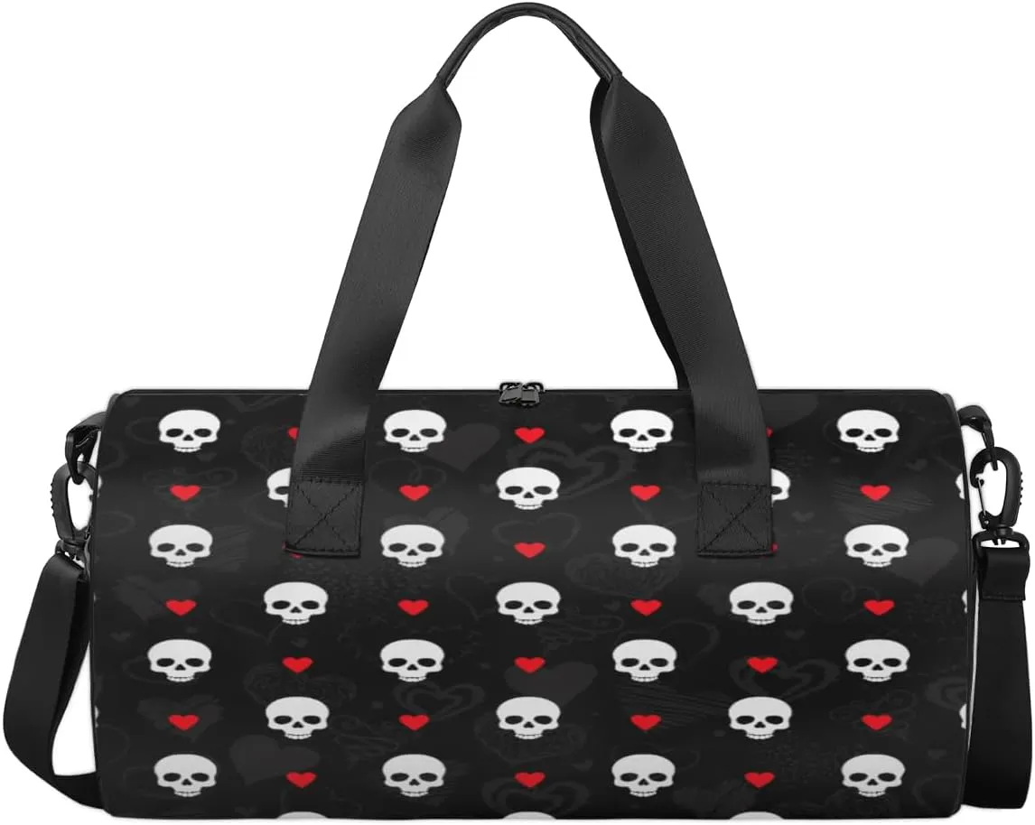 Skull And Love Heared Love Skull Sports Duffel Bag, Gym Tote Bag Waterproof Weekender Travel Bag for Overnight Travel Luggage Workout Women Men