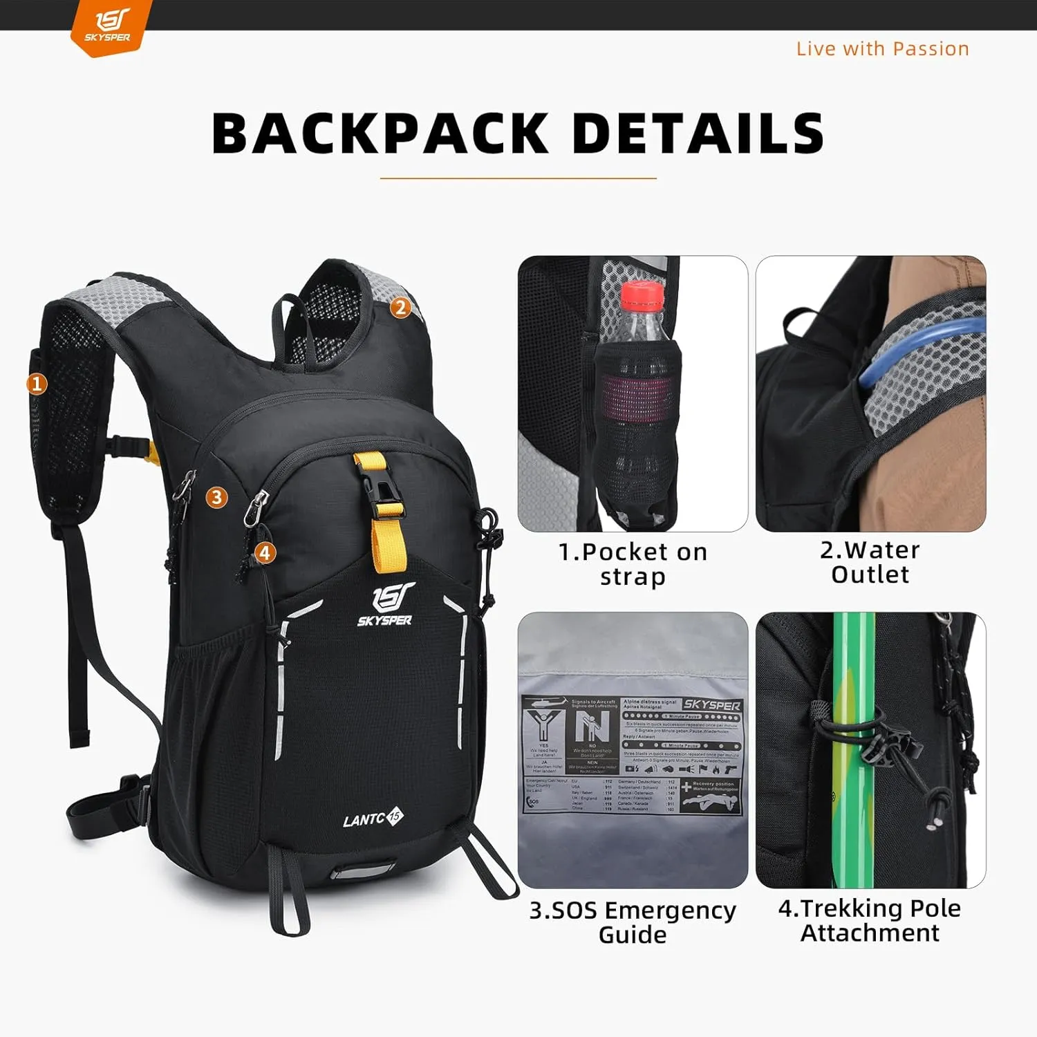 SKYSPER Small Hiking Backpack - 15L Travel Daypack Lightweight Bag Water Resistant Hiking Backpacks for Women Men