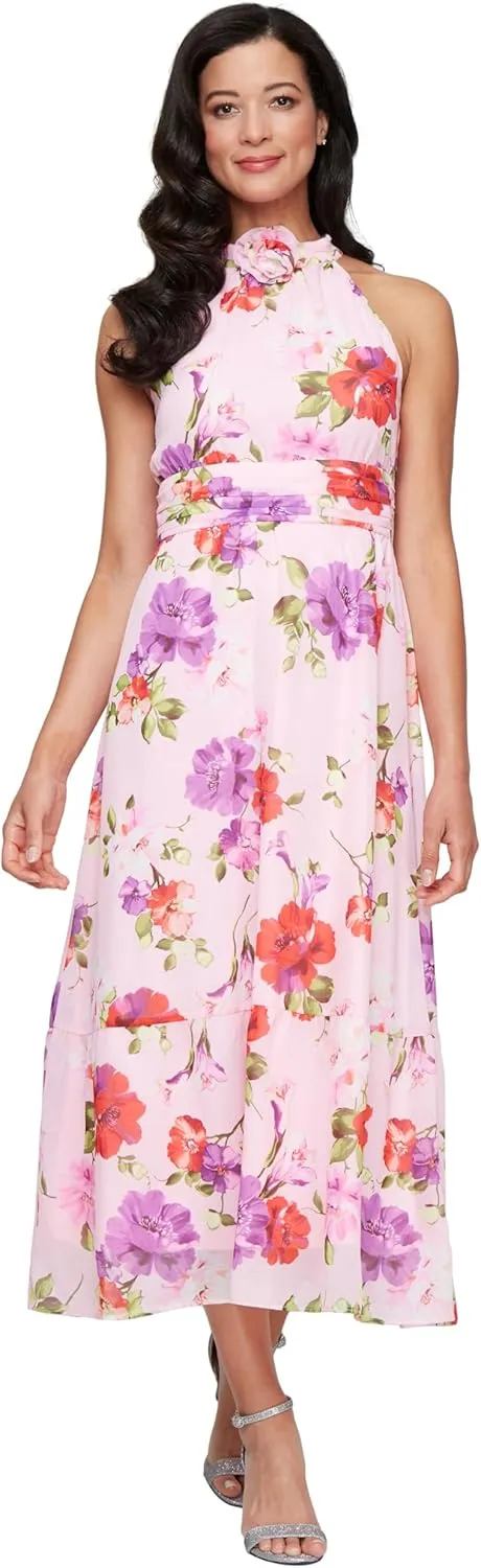 S.L. Fashions Women's Floral Halter Cocktail Party, Wedding Guest Dress with Flower Detail