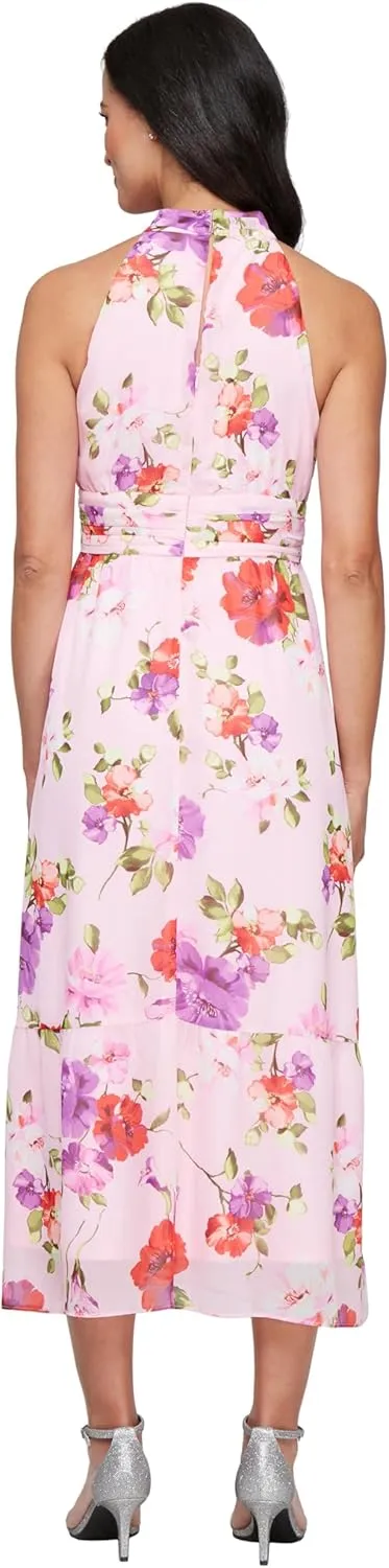 S.L. Fashions Women's Floral Halter Cocktail Party, Wedding Guest Dress with Flower Detail