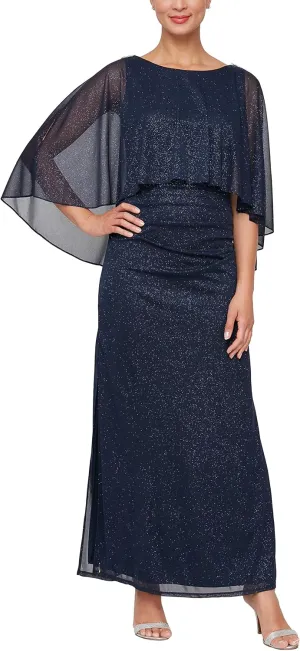 S.L. Fashions Women's Long Glitter Mesh Capelet Gown with Side Slit, Wedding Guest, Formal Dress (Petite and Regular Sizes)