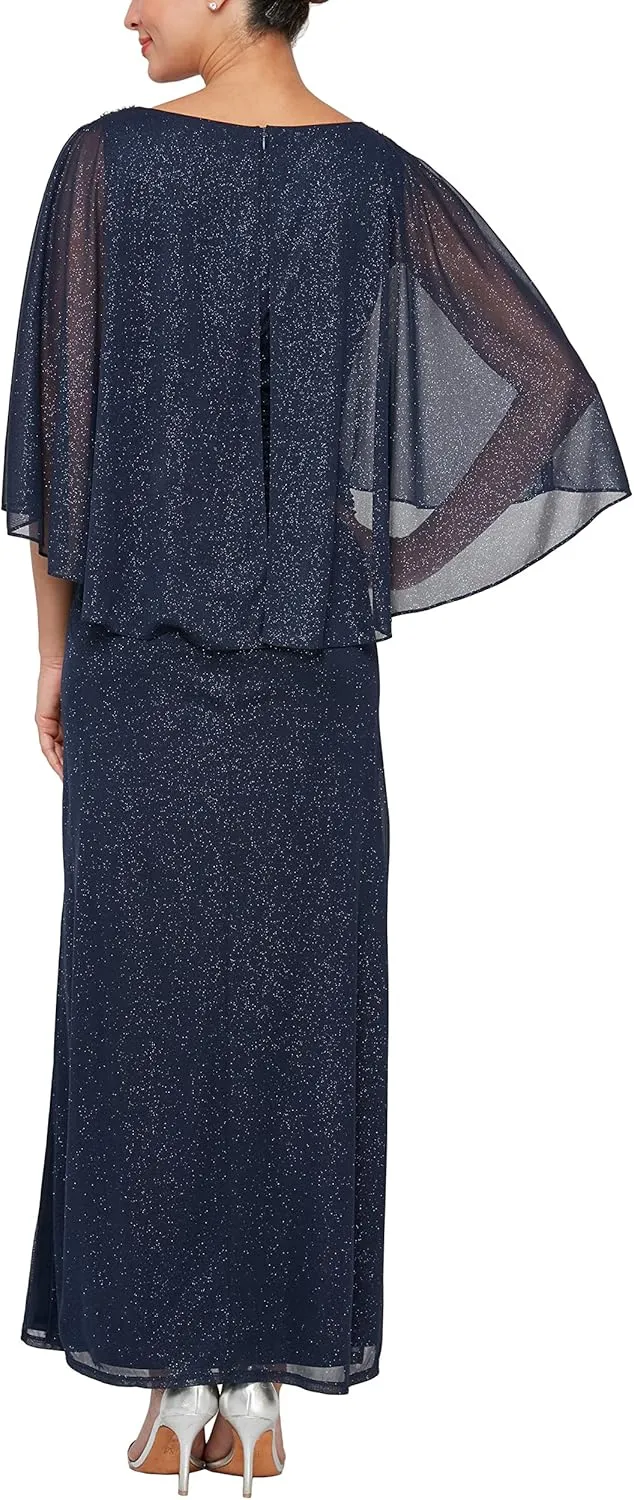 S.L. Fashions Women's Long Glitter Mesh Capelet Gown with Side Slit, Wedding Guest, Formal Dress (Petite and Regular Sizes)